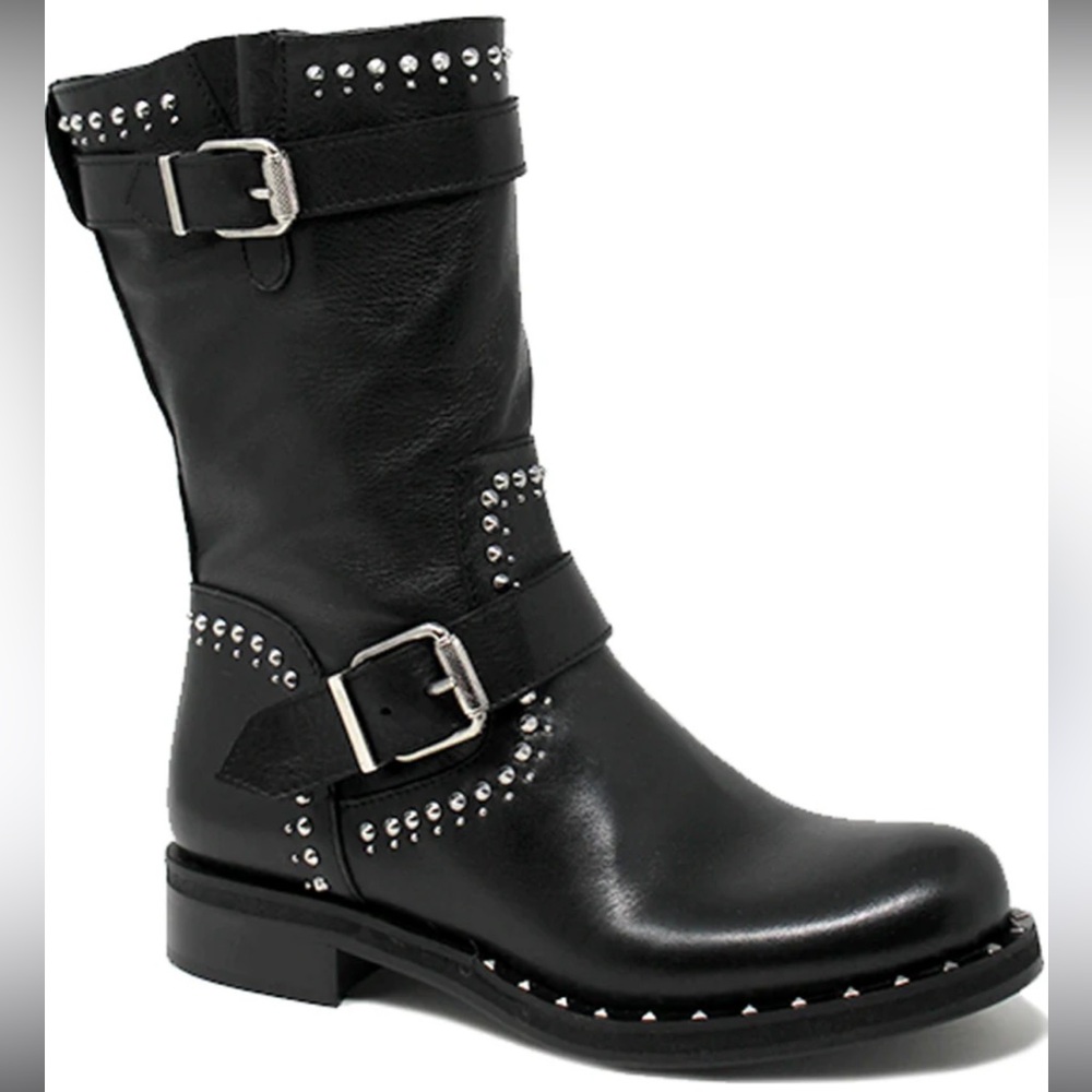 Charles David Whistler Leather Buckles Studded‎ Moto Studded Black Leather Boots